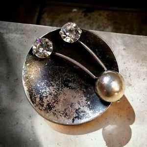 Vintage Mid Century 1950s Rhinestone Antique Silver Tone Metal Brooch Pin